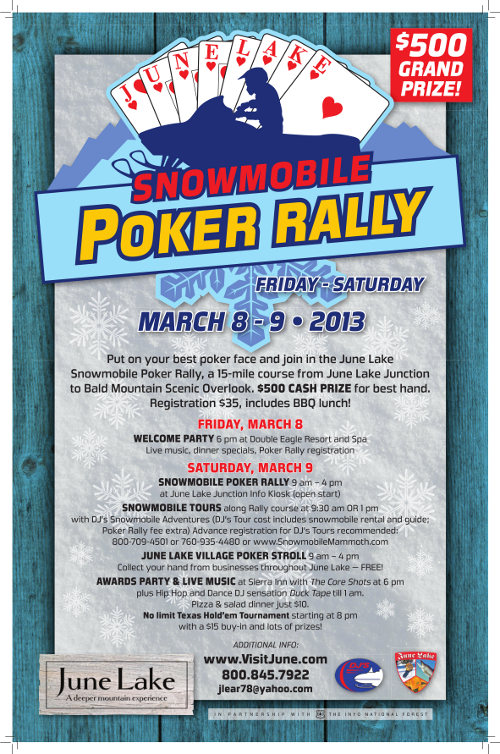 Festivities include a snowmobile poker run, scenic tours, night rides and more! Cash and prizes up for grabs. Snowmobile rentals available.  www.VisitJune.com for details