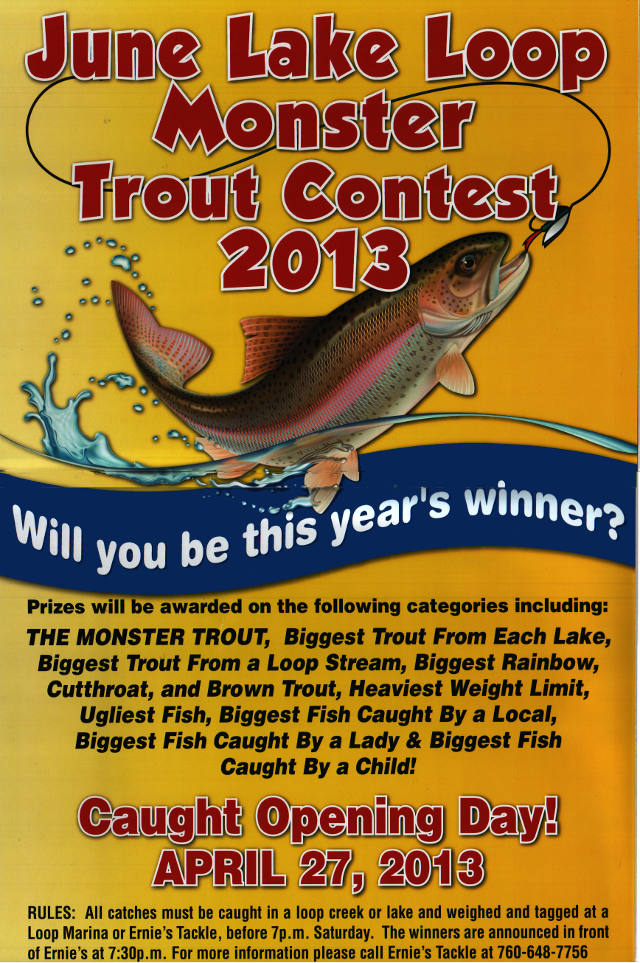 Monster Trout Contest, April 27,2013:  Catch a trout in the June Lake Loop, weigh and register it at any marina in the Loop or at Ernie's Tackle.  Prizes will be awarded in 14 categories, at 7:30pm in front of Ernie's.